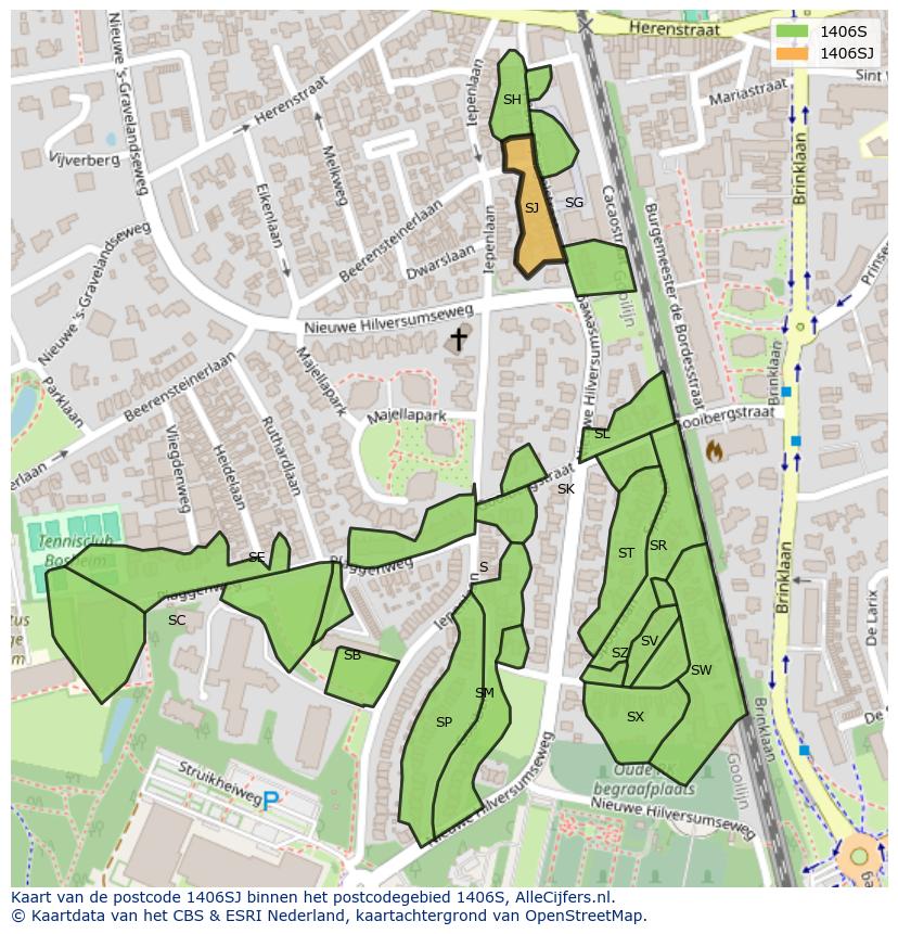 Afbeelding van het postcodegebied 1406 SJ op de kaart.