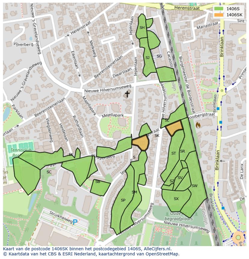 Afbeelding van het postcodegebied 1406 SK op de kaart.