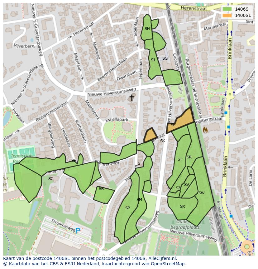 Afbeelding van het postcodegebied 1406 SL op de kaart.
