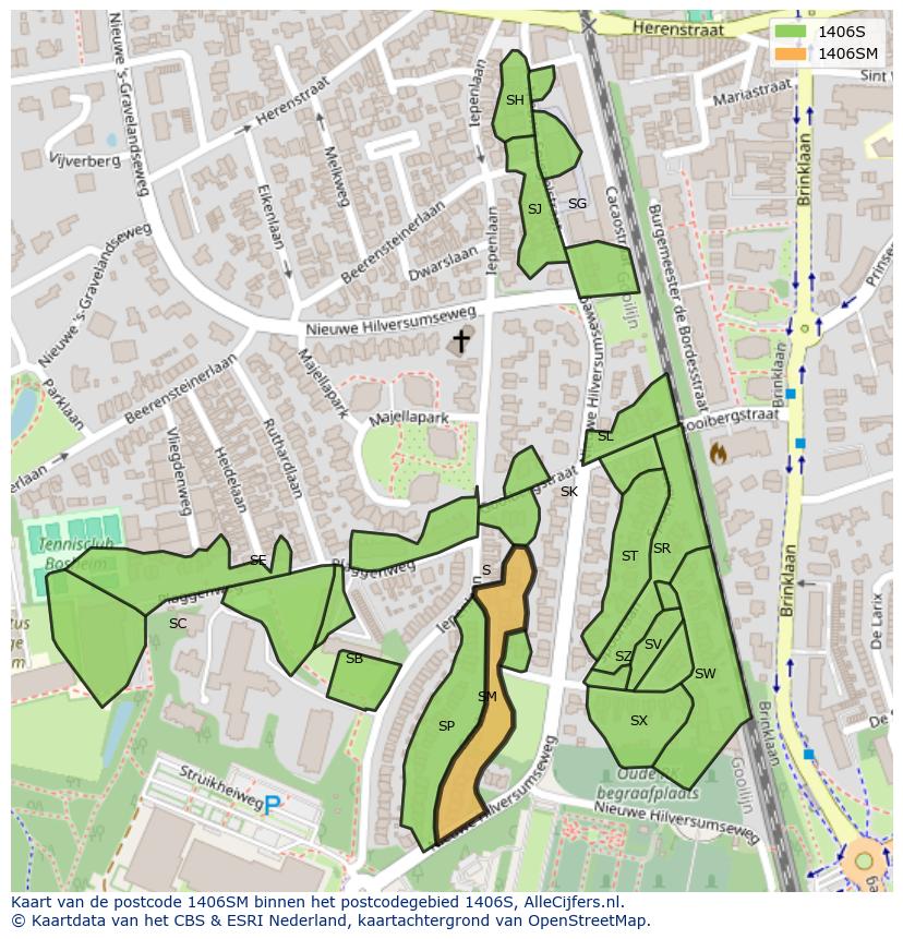 Afbeelding van het postcodegebied 1406 SM op de kaart.