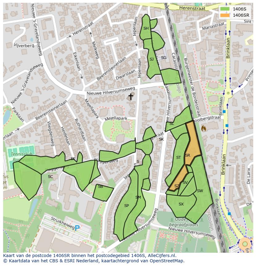 Afbeelding van het postcodegebied 1406 SR op de kaart.