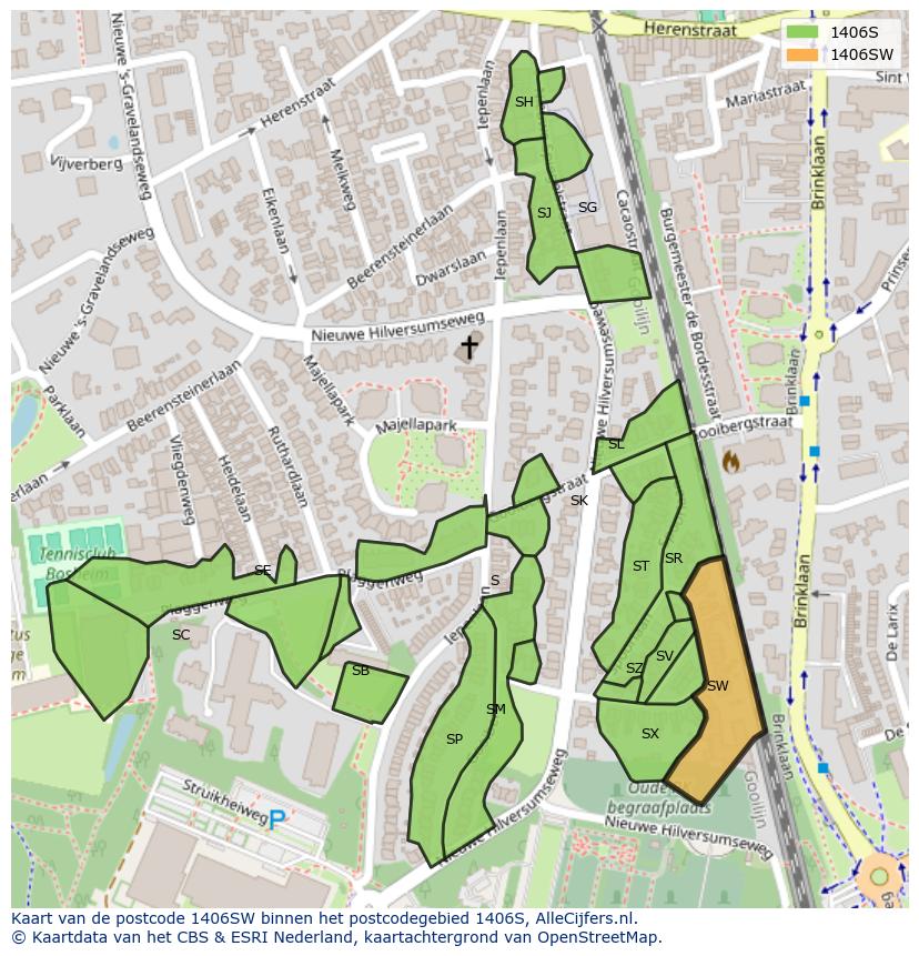 Afbeelding van het postcodegebied 1406 SW op de kaart.