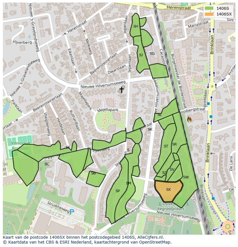 Afbeelding van het postcodegebied 1406 SX op de kaart.
