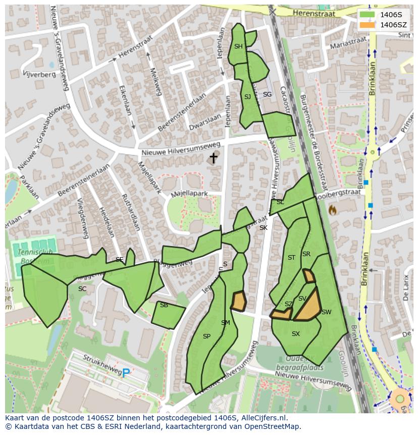 Afbeelding van het postcodegebied 1406 SZ op de kaart.