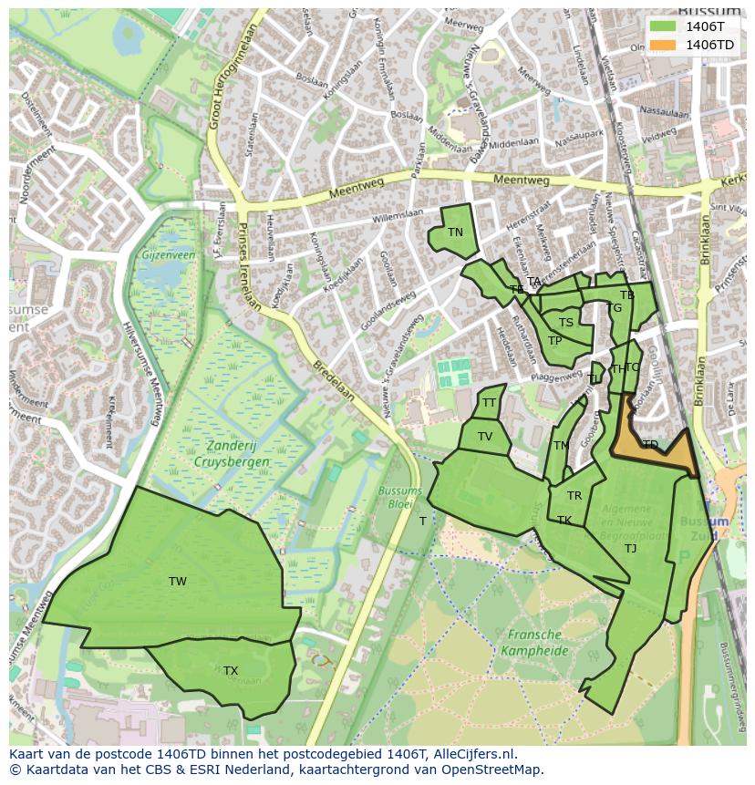 Afbeelding van het postcodegebied 1406 TD op de kaart.