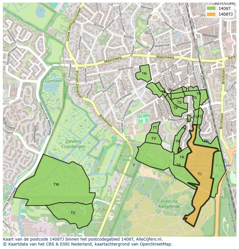 Afbeelding van het postcodegebied 1406 TJ op de kaart.