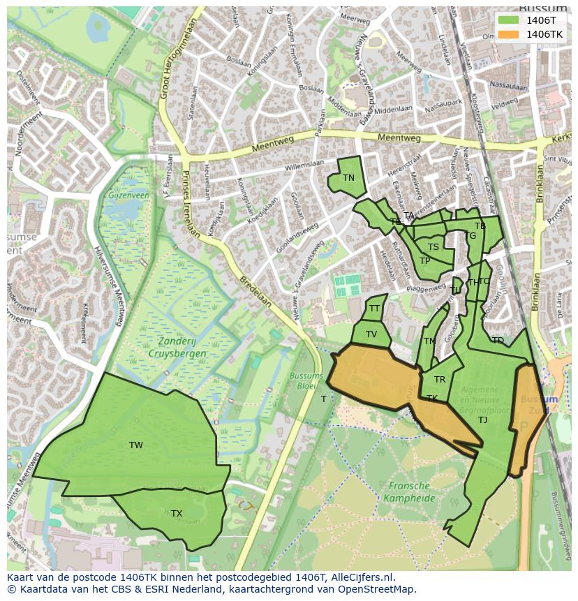Afbeelding van het postcodegebied 1406 TK op de kaart.