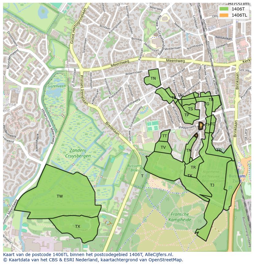 Afbeelding van het postcodegebied 1406 TL op de kaart.