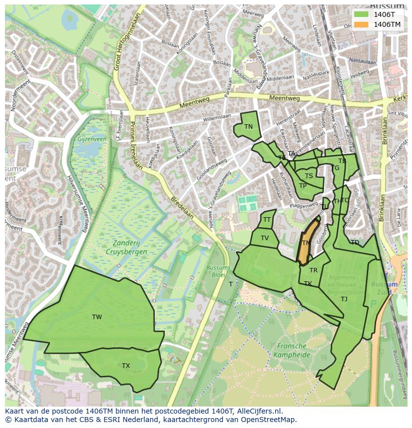 Afbeelding van het postcodegebied 1406 TM op de kaart.