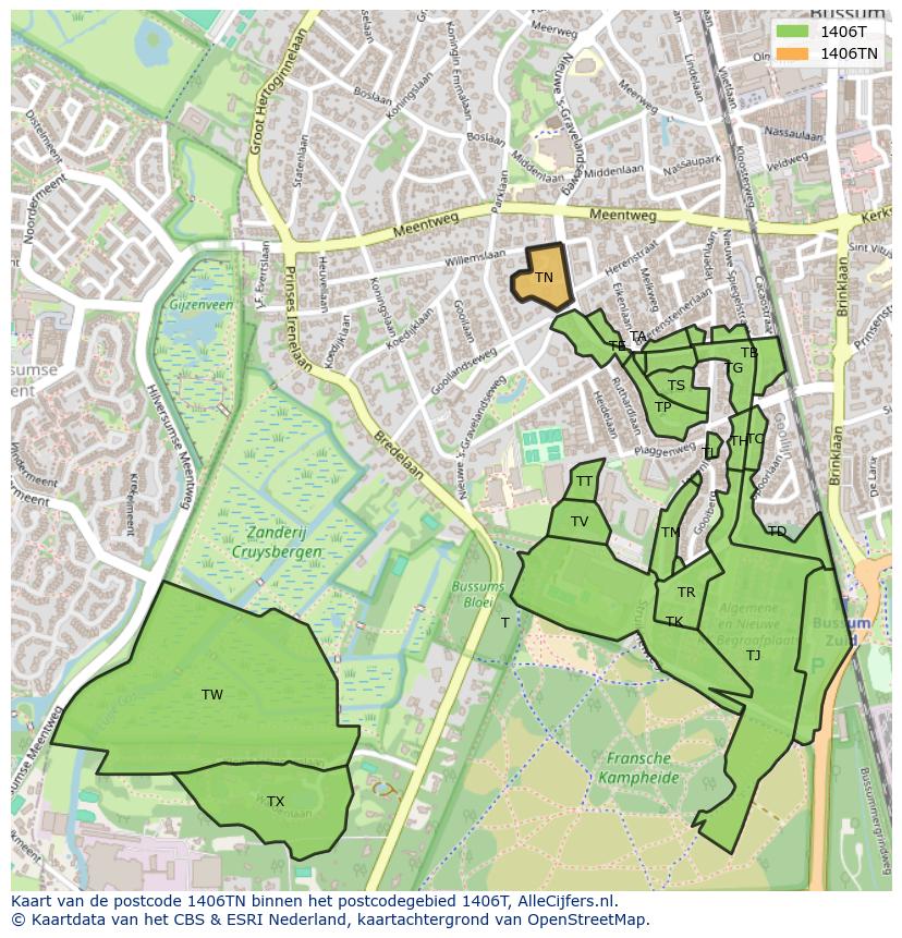 Afbeelding van het postcodegebied 1406 TN op de kaart.