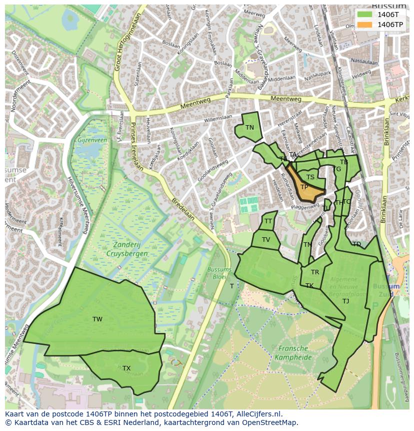 Afbeelding van het postcodegebied 1406 TP op de kaart.