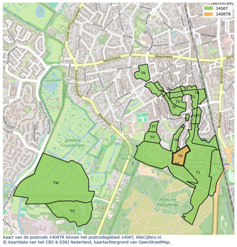 Afbeelding van het postcodegebied 1406 TR op de kaart.