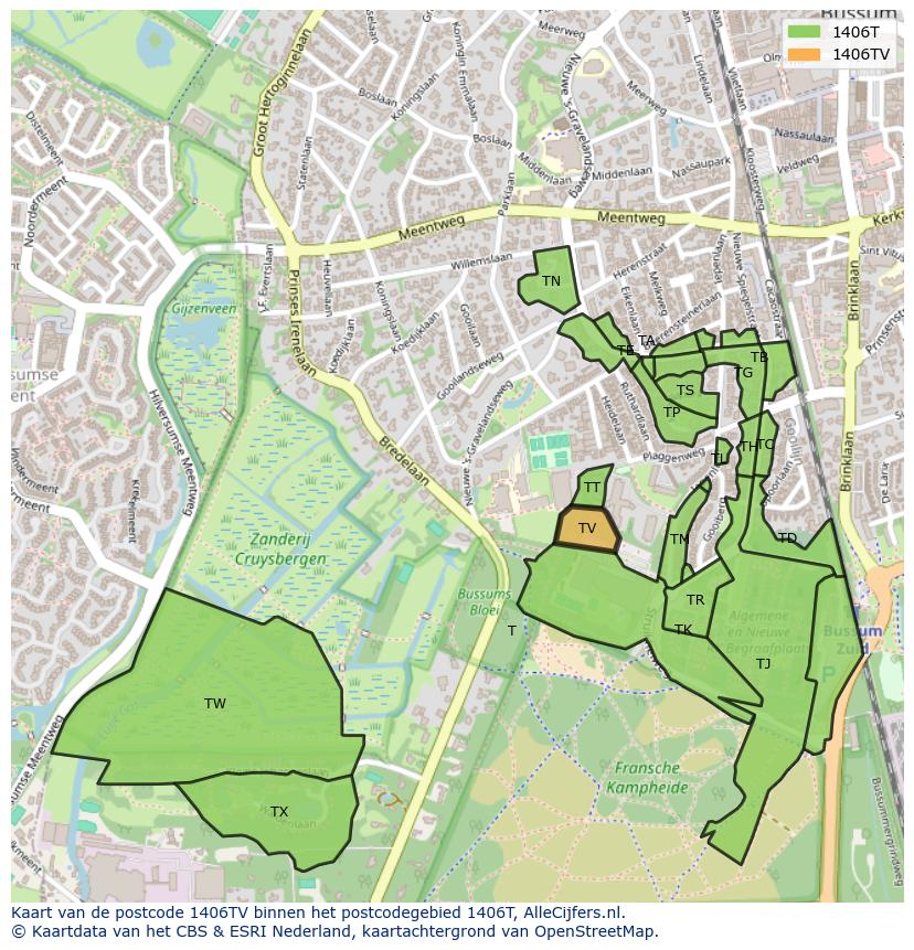 Afbeelding van het postcodegebied 1406 TV op de kaart.