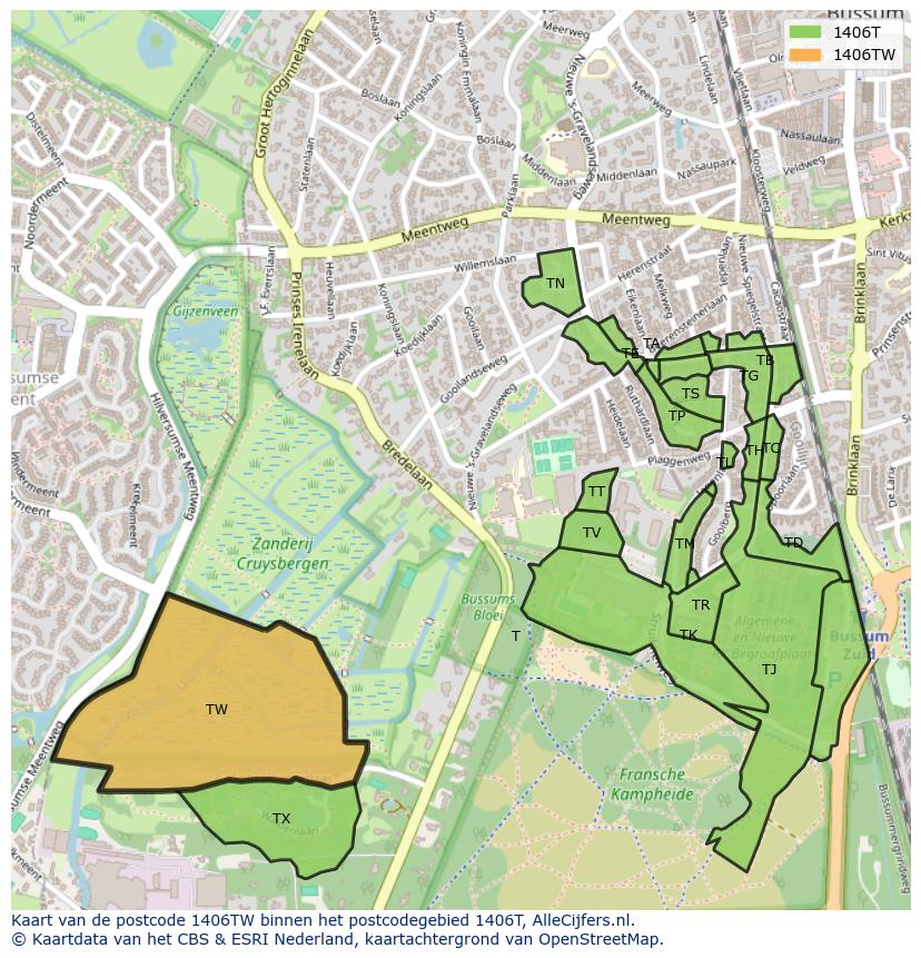 Afbeelding van het postcodegebied 1406 TW op de kaart.