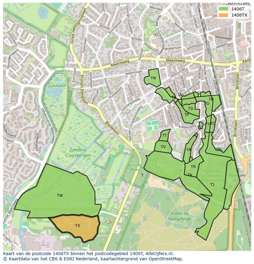 Afbeelding van het postcodegebied 1406 TX op de kaart.