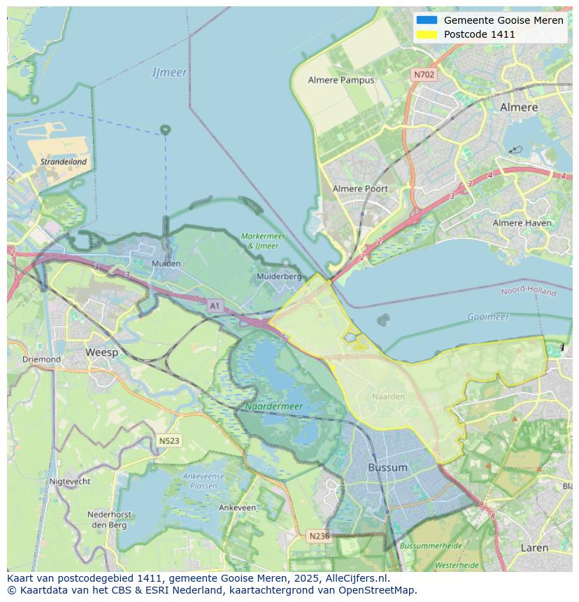 Afbeelding van het postcodegebied 1411 op de kaart.
