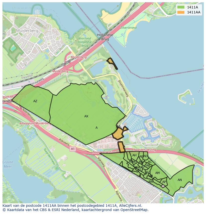 Afbeelding van het postcodegebied 1411 AA op de kaart.