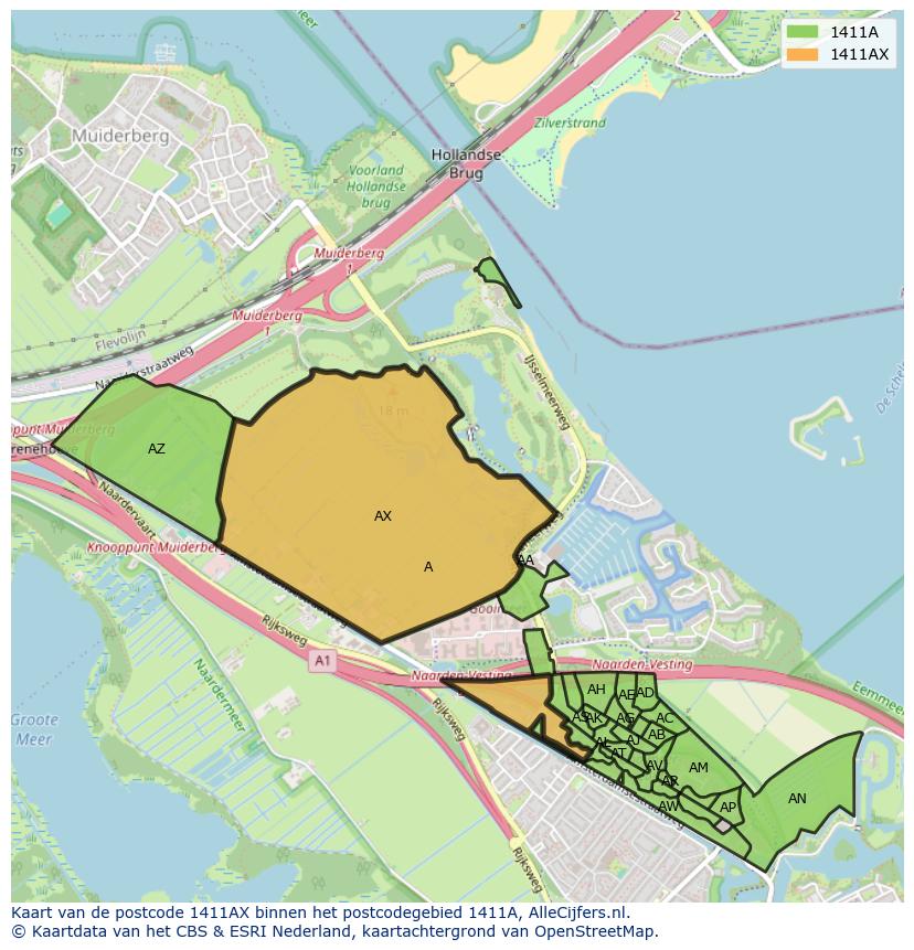 Afbeelding van het postcodegebied 1411 AX op de kaart.