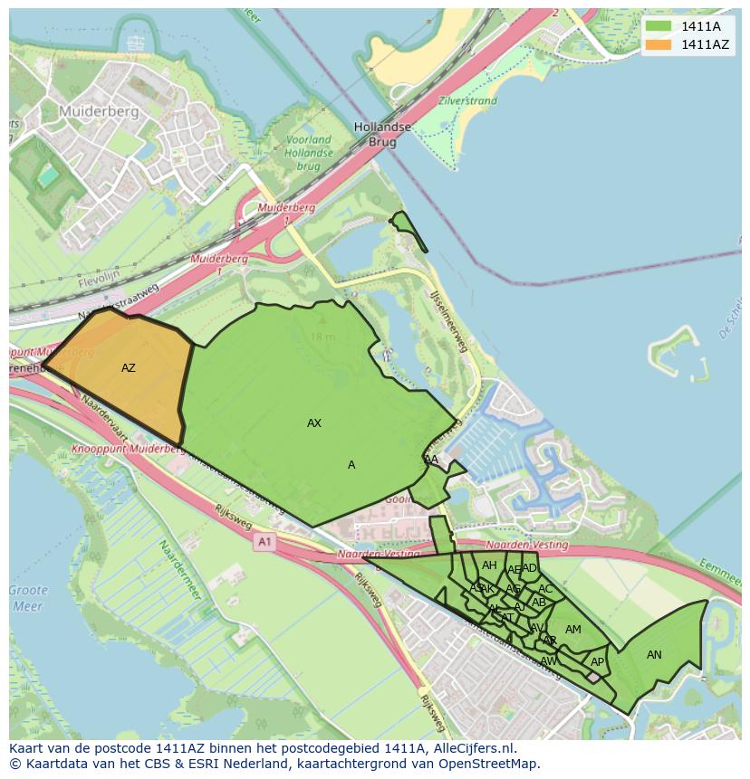 Afbeelding van het postcodegebied 1411 AZ op de kaart.