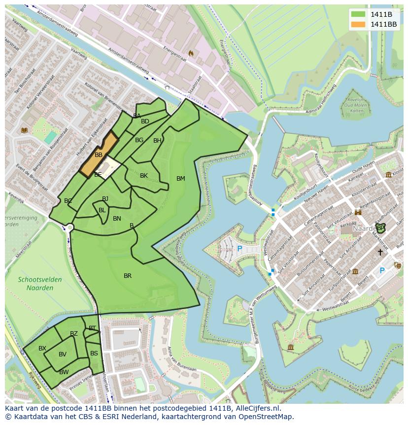 Afbeelding van het postcodegebied 1411 BB op de kaart.