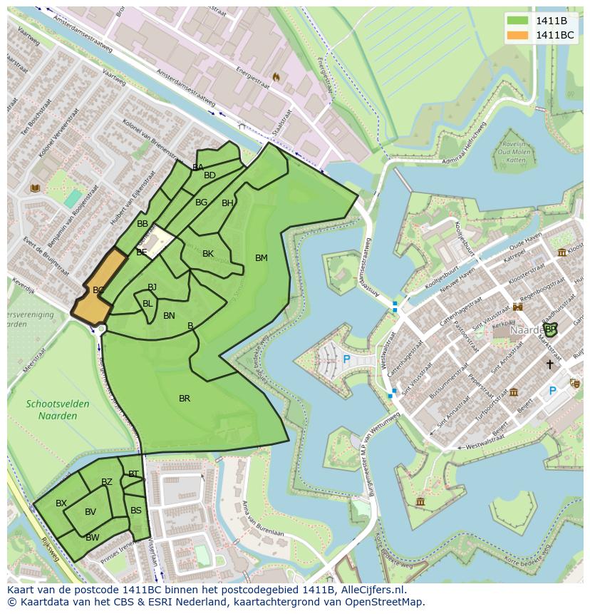Afbeelding van het postcodegebied 1411 BC op de kaart.
