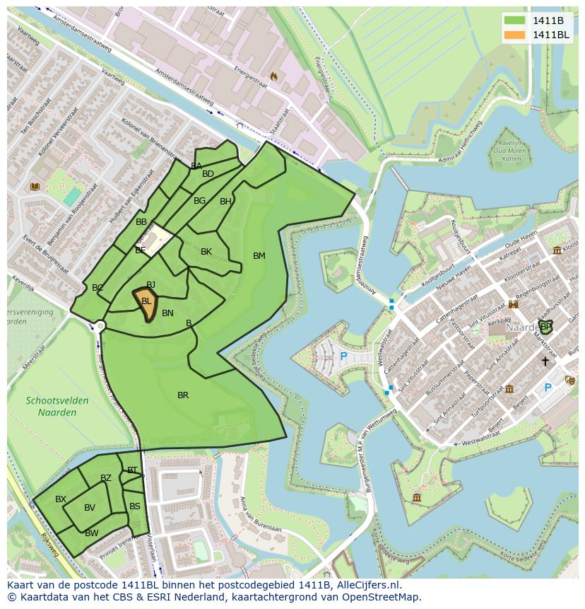 Afbeelding van het postcodegebied 1411 BL op de kaart.