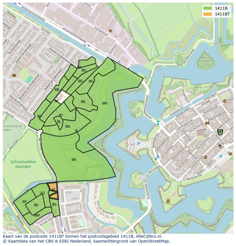 Afbeelding van het postcodegebied 1411 BT op de kaart.