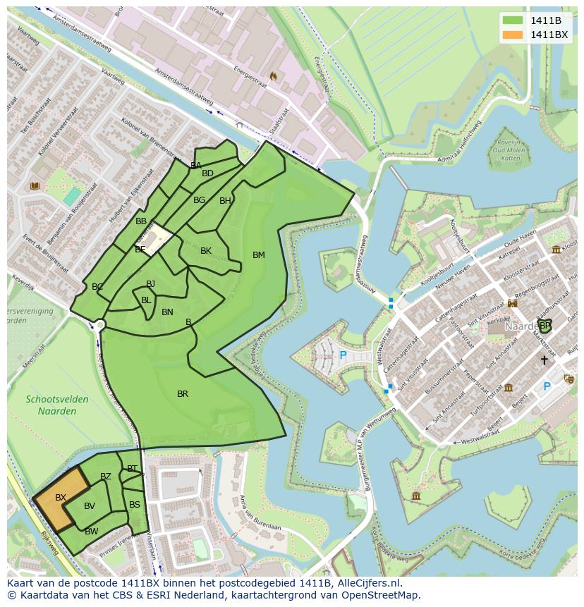 Afbeelding van het postcodegebied 1411 BX op de kaart.