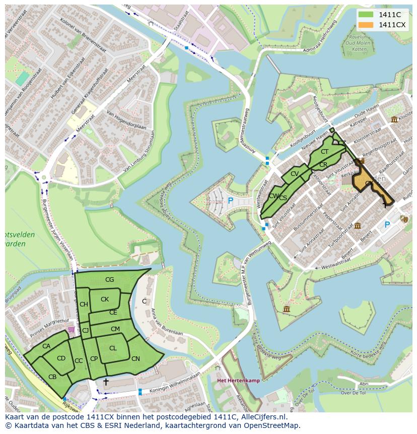 Afbeelding van het postcodegebied 1411 CX op de kaart.