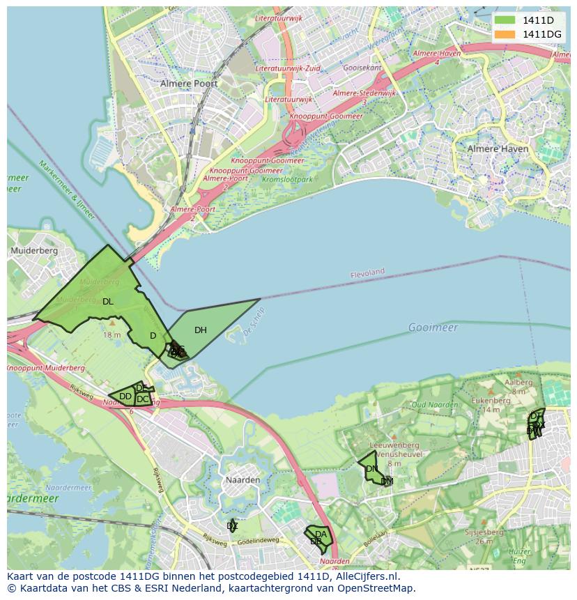 Afbeelding van het postcodegebied 1411 DG op de kaart.