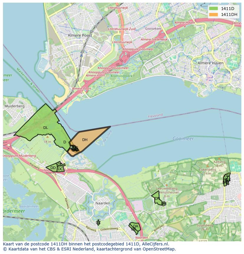 Afbeelding van het postcodegebied 1411 DH op de kaart.