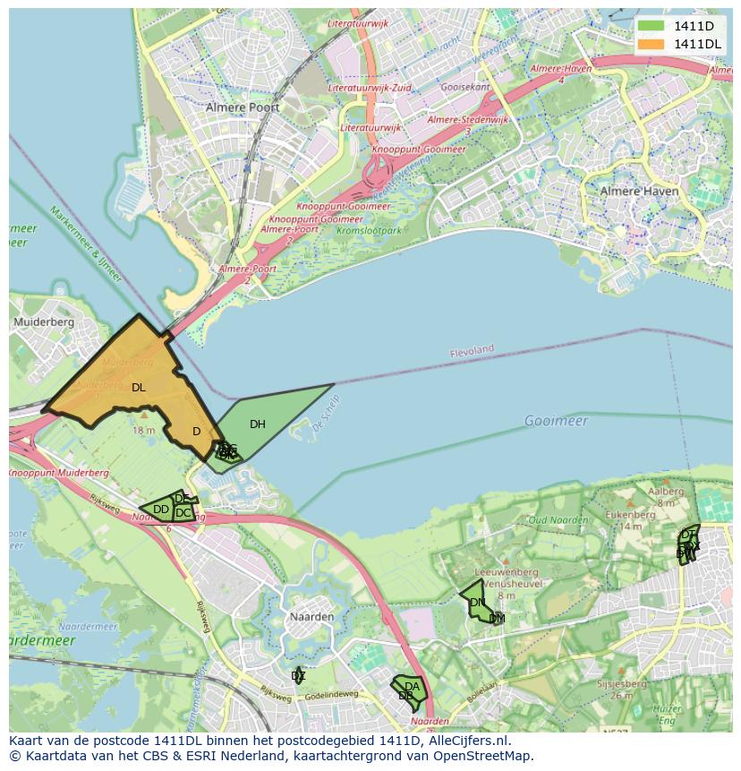 Afbeelding van het postcodegebied 1411 DL op de kaart.