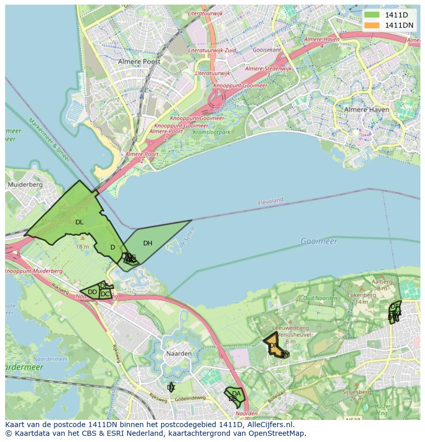 Afbeelding van het postcodegebied 1411 DN op de kaart.