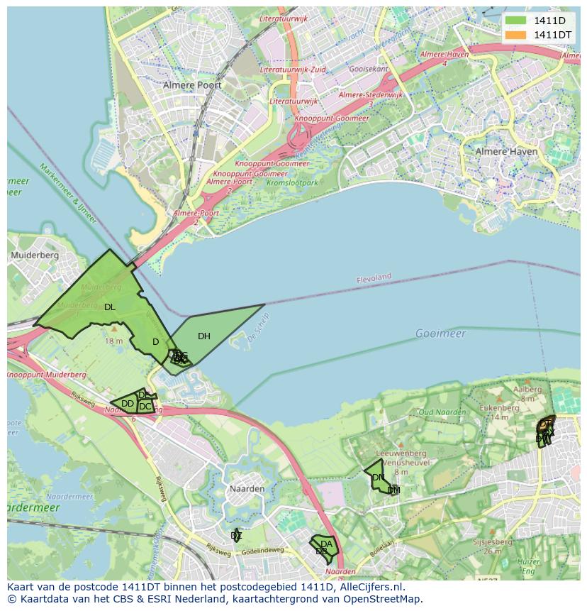 Afbeelding van het postcodegebied 1411 DT op de kaart.