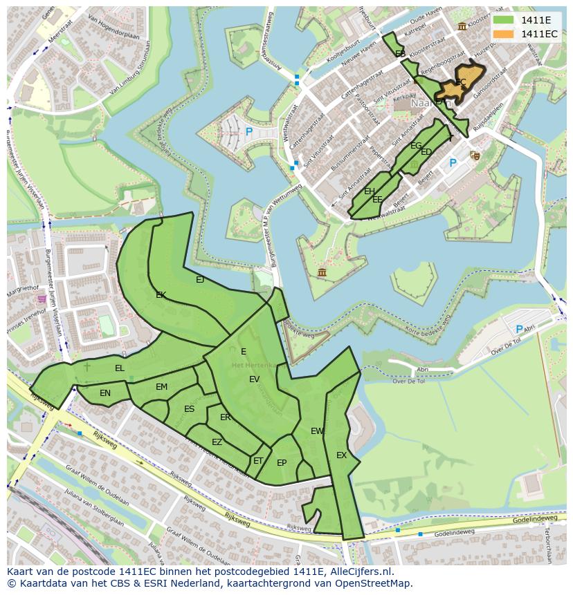 Afbeelding van het postcodegebied 1411 EC op de kaart.
