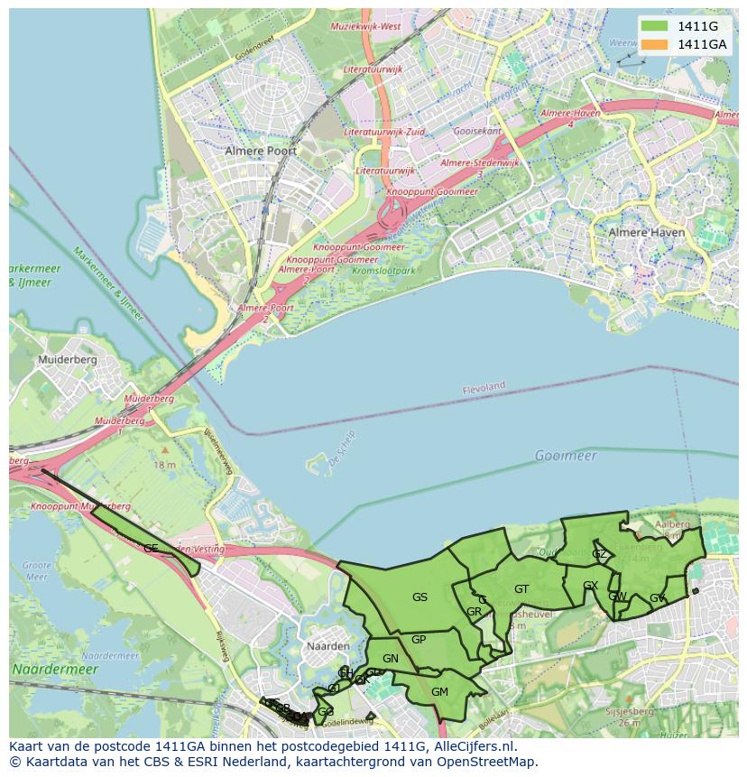 Afbeelding van het postcodegebied 1411 GA op de kaart.