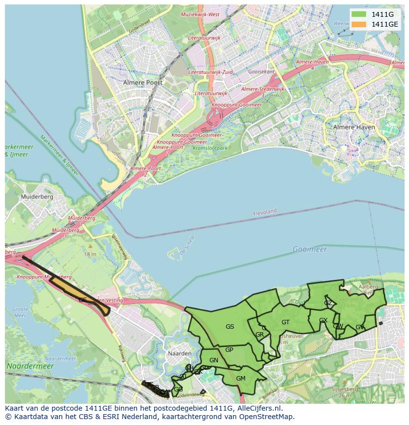 Afbeelding van het postcodegebied 1411 GE op de kaart.