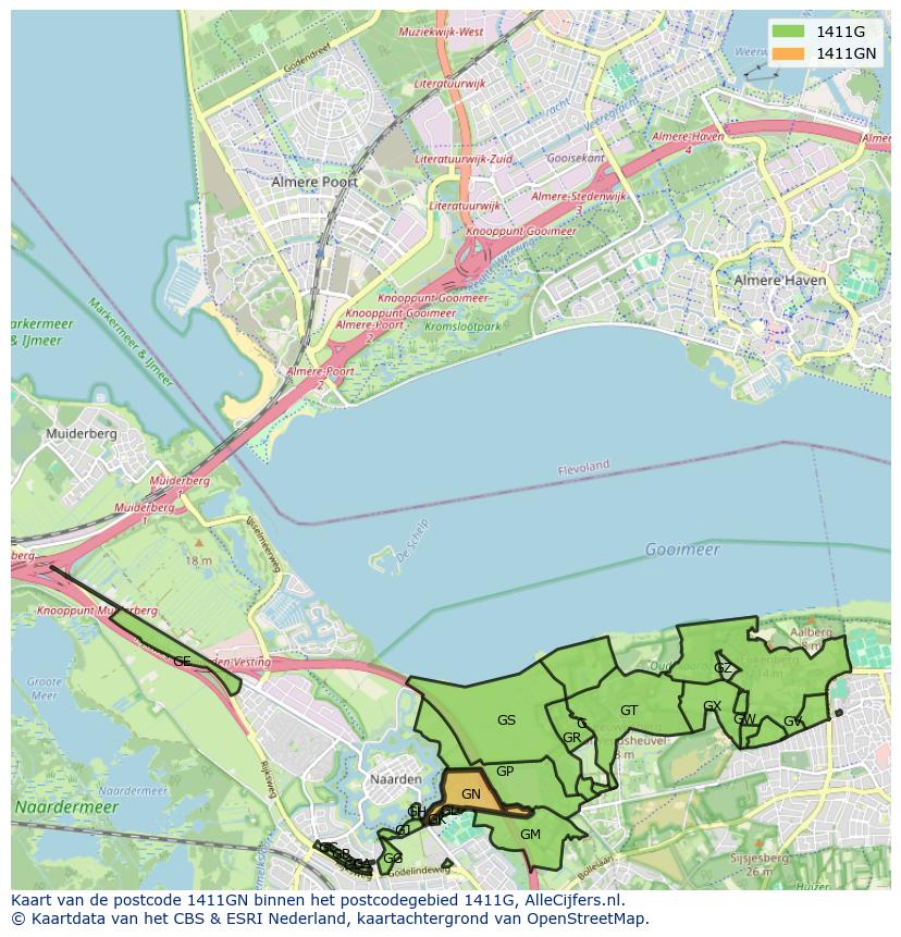 Afbeelding van het postcodegebied 1411 GN op de kaart.