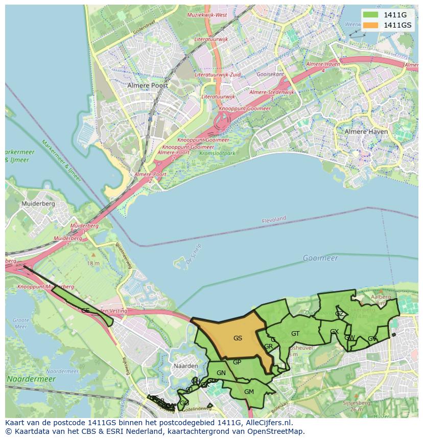 Afbeelding van het postcodegebied 1411 GS op de kaart.