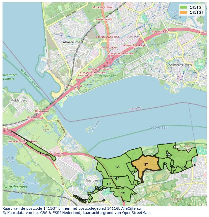 Afbeelding van het postcodegebied 1411 GT op de kaart.