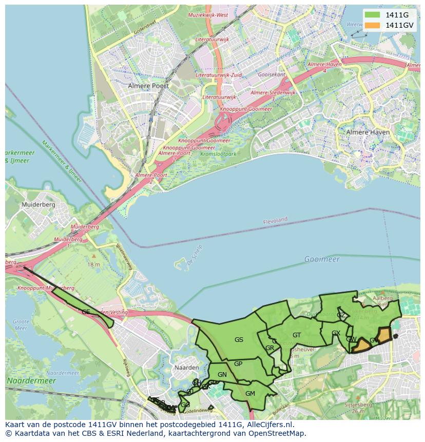 Afbeelding van het postcodegebied 1411 GV op de kaart.