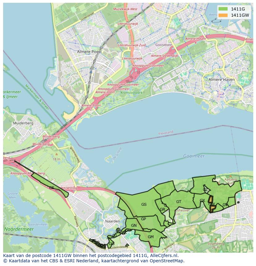 Afbeelding van het postcodegebied 1411 GW op de kaart.