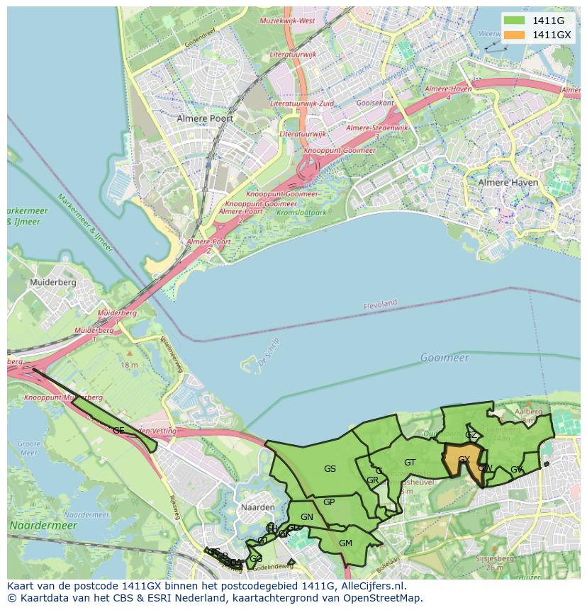 Afbeelding van het postcodegebied 1411 GX op de kaart.