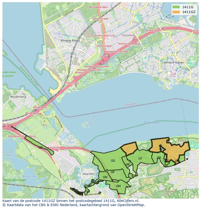 Afbeelding van het postcodegebied 1411 GZ op de kaart.
