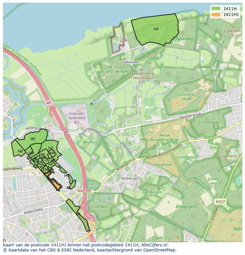 Afbeelding van het postcodegebied 1411 HJ op de kaart.