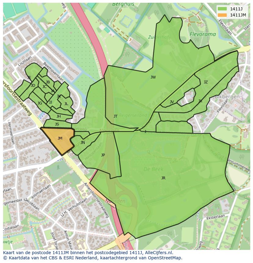 Afbeelding van het postcodegebied 1411 JM op de kaart.