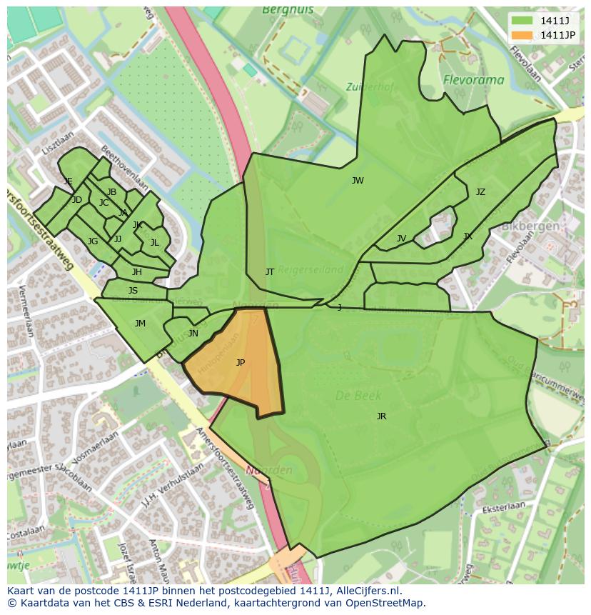 Afbeelding van het postcodegebied 1411 JP op de kaart.