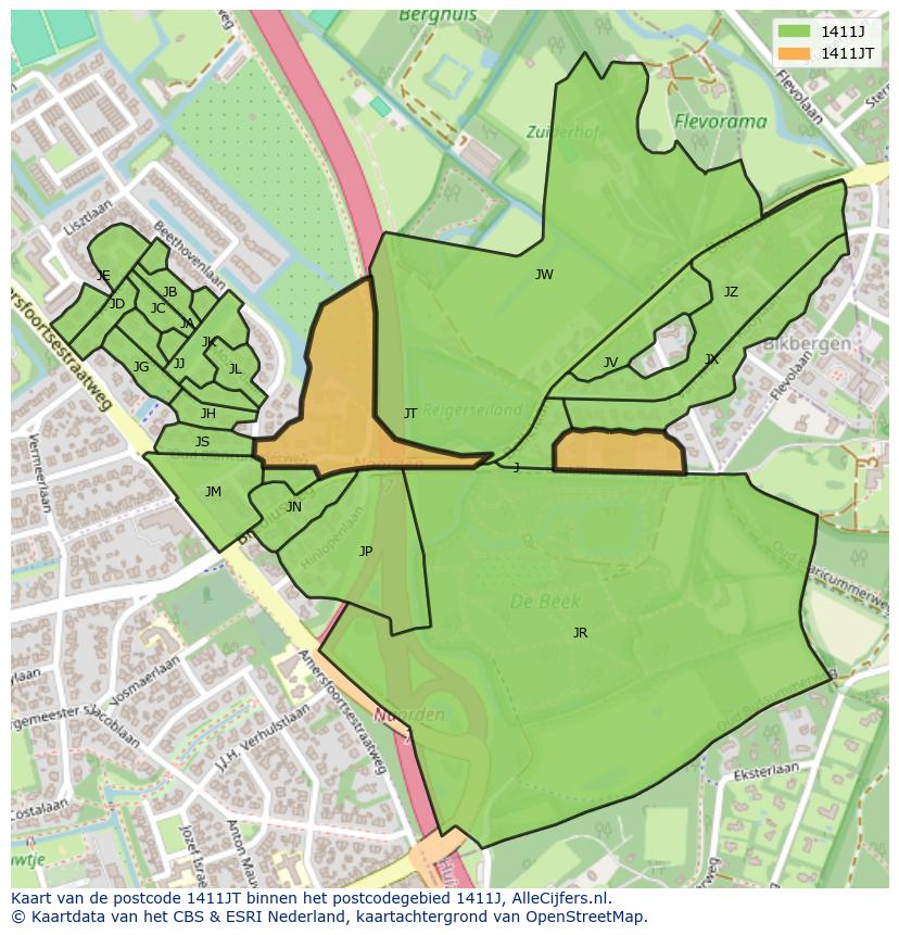 Afbeelding van het postcodegebied 1411 JT op de kaart.