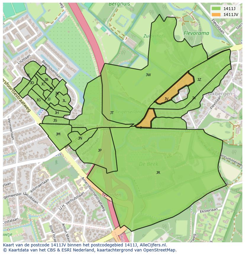Afbeelding van het postcodegebied 1411 JV op de kaart.