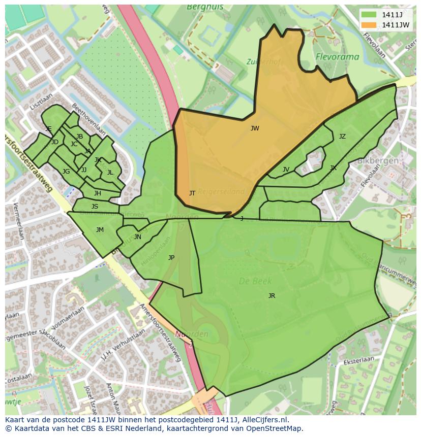 Afbeelding van het postcodegebied 1411 JW op de kaart.